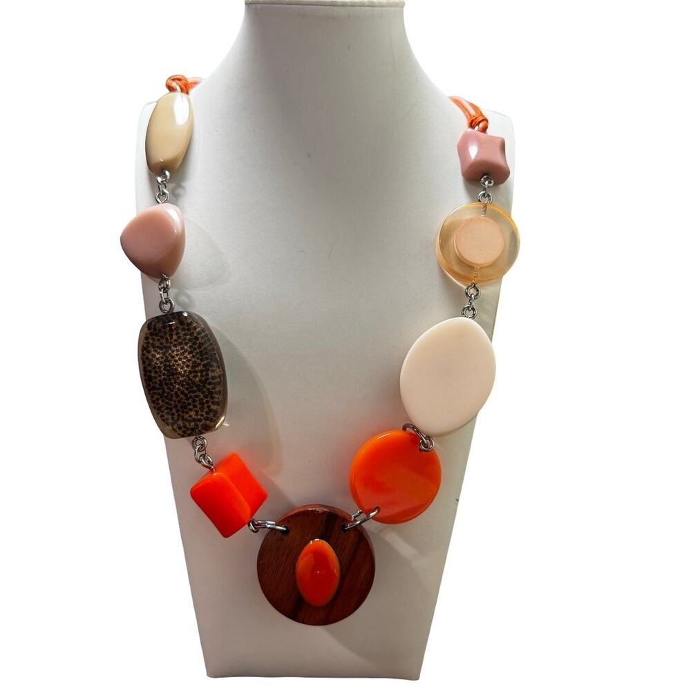 Chico's Chunky Statement Necklace Multi-Strand Cord Wood Acrylic Geometric